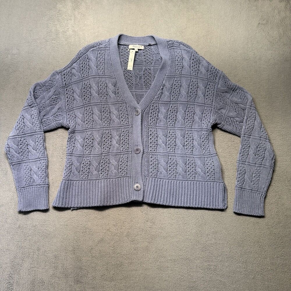 Madewell Women’s Large Blue Cable Knit Openwork Button Front Cardigan V Neck NWT